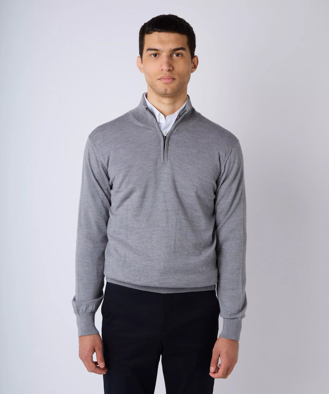 Pale Grey Merino Wool Zip Neck Sweater