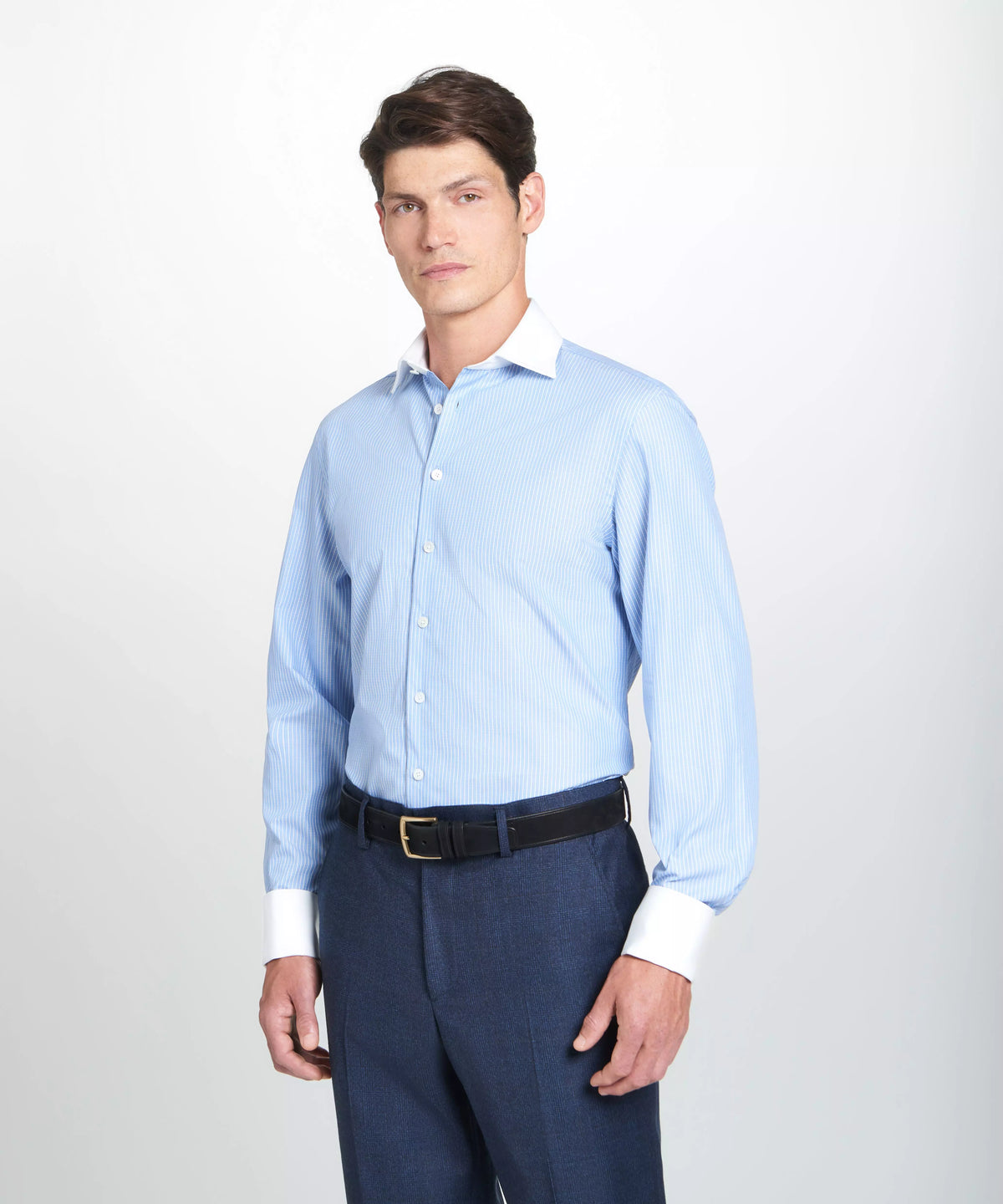 Pale Blue & White Tailored Fit Double Cuff Dandy Stripe Formal Shirt