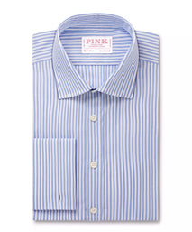 Blue & White Classic Fit Double Cuff Panama Stripe Formal Shirt