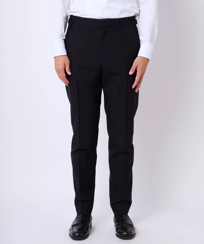 Black Tailored Fit Merino Wool Flat Front Evening Trousers